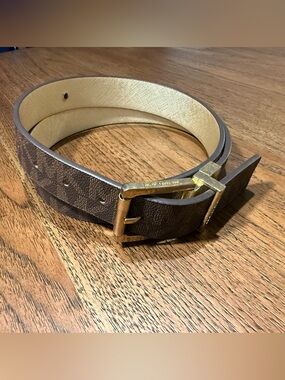 Michael Kors Brown and Cream Signature Leather Belt with Gold Buckle